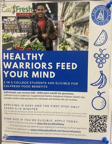 A photo of a CalFresh Food flyer advertising the program students can apply for to receive just under $200 in groceries each month. (Brianna Vaca | The Union)
