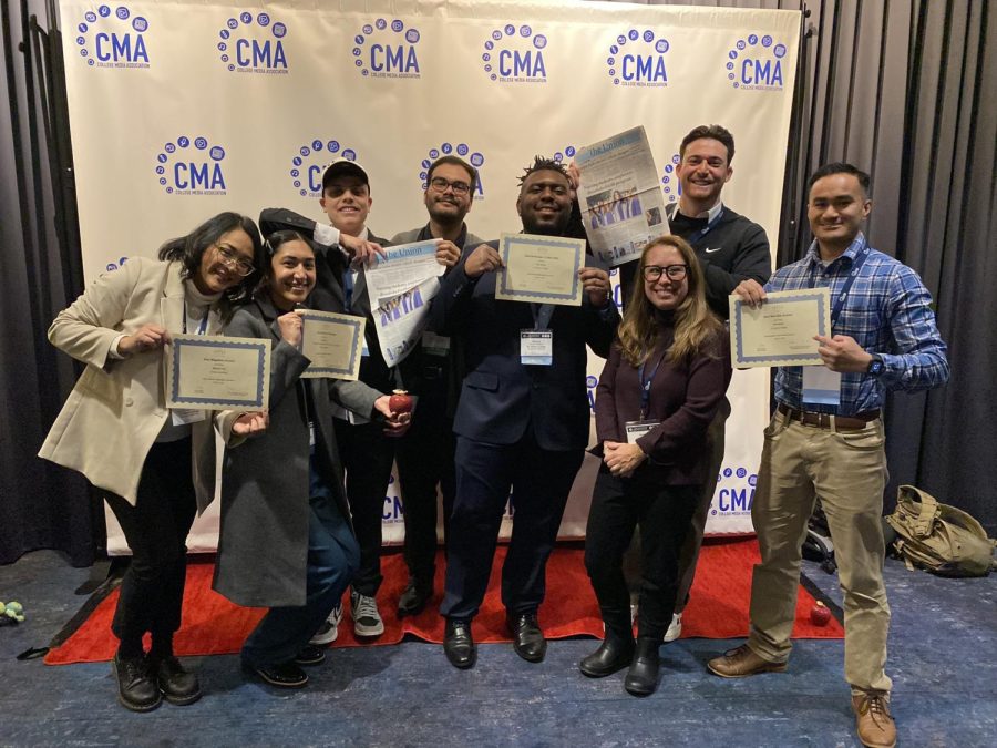 Nindiya Maheswari (left), Brittany Parris, Igor Colonno, Eddy Cermeno, Khoury Williams, Stefanie Frith, Ethan Cohen and Greg Fontanilla celebrate together after winning numerous awards at the College Media Association Convention hosted in New York on March 11. (Photo courtesy of Rosemary Montalvo)
