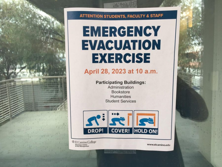 A flyer for the emergency evacuation exercise slated for April 28, on a third-floor door of the Humanities Building. (Raphael Richardson | The Union)