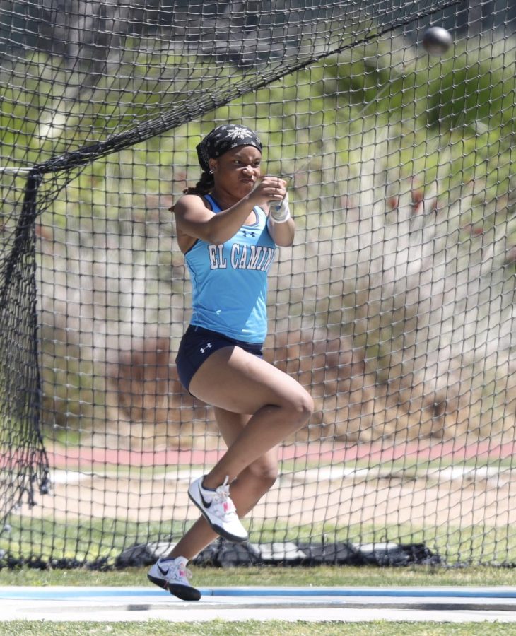 El Camino College thrower Naomi Walker during the hammer event of the Vaquero Classic on Friday, April 7 at El Camino. (Greg Fontanilla | The Union)