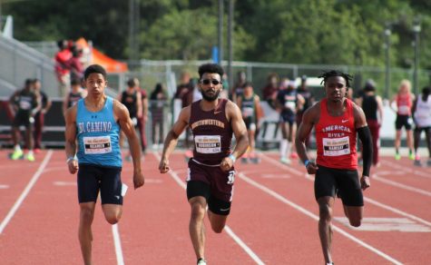 Sophomore Xerxes Reamer (left) placed fourth in men's 100-meter in 10.85. Xerxes also competed in a 4x400-meter relay together with teammates Yuto Tamada, Anthony Taylor, and Marschall Lincoln and won first place at Mt. San Antonio College on April 8. (Nindiya Maheswari | The Union)