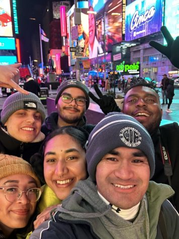 Igor Colonno (top left), Eddy Cermeno, Khoury Williams, Nindiya Maheswari (bottom left), Brittany Parris and Greg Fontanilla explore the sights and shops in Times Square, New York. Times Square's brightly-lit billboards can cost advertisers anywhere from $5,000 to $50,000 per day. (Greg Fontanilla | The Union)
