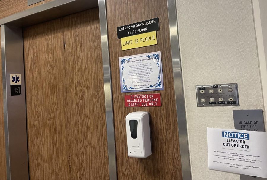 The elevator in El Caminos Arts and Behavioral Science Building, located at the southwest entrance, was out of order on the morning of Tuesday, April 4. Some people with disabilities and physical challenges had no way to get upstairs for class while others struggled. (Kim McGill | The Union)