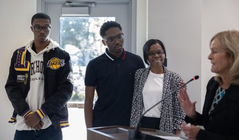 Executive Director of the El Camino College Foundation Andrea Sala called the Brown family up to hear a selection of comments sent by donators of the Ken Brown Memorial Scholarship fund during the Board of Trustees meeting on April 17. (Khoury Williams | The Union)