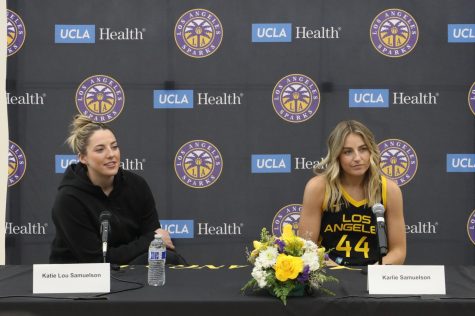 Siblings Katie Lou and Karlie Samuelson answer questions for the media during media day on Thursday, May 4 at the El Camino College gymnasium. (Greg Fontanilla | The Union)