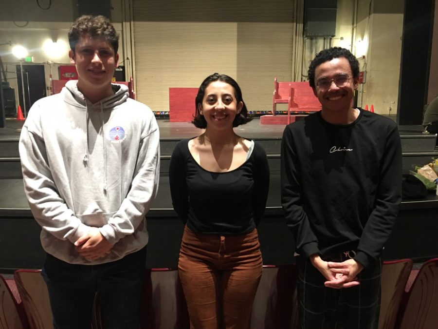 Actors Mario Peralta (left), Natalie Santiago and Jerod Hubbard, who play characters James Bates, Ruth Hoch and Rev. Bobby Groves respectively, pose for a photo at the Campus Theater on Friday, May 12. (Raphael Richardson | The Union)