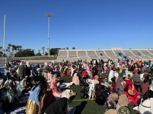 El Camino College Muslim Student Association members host the Eid prayer at Murdock Stadium on Friday, April 21. According to MSA members, around 5,000 Muslims from the South Bay and Los Angeles area come to celebrate one of their biggest holidays, Eid al-Fitr. (Nindiya Maheswari | The Union) Photo credit: Nindiya A Maheswari Putri