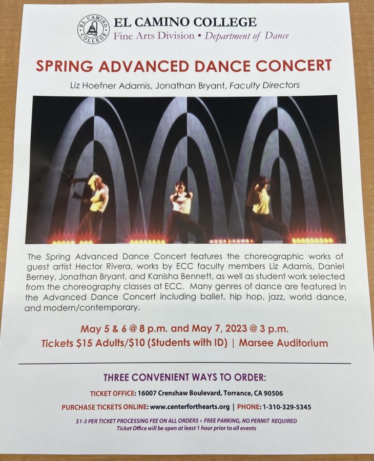 A photo of the flyer for the Spring Advance Dance Concert that will be held on Friday, May 5, Saturday May 6 and Sunday May 7, 2023 at Marsee Auditorium.