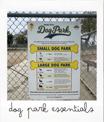 The signs posted at Home Run Dog Park, located at 20357 Studebaker Road in Lakewood, give visitors clear instructions on where to enter, as seen here on April 12. Dog park essentials include clean and fresh sources of water, separate sections for small and large dogs, and plenty of plastic bags and trash receptacles. (Kim McGill | Warrior Life)