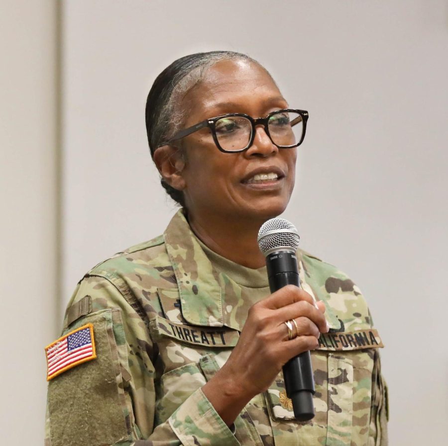 Major Brenda Threatt speaks at a Veterans Day event on Thursday, Nov. 10, 2022, at El Camino College’s East Dining Room. Threatt is a chaplain in the California National Guard and the assistant director of Veterans Services at ECC. (Greg Fontanilla | Warrior Life)
