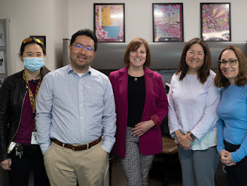 (L-R) Erica Soohoo, senior clerical assistant; Scott Kushigemachi, associate dean of humanities; Debra Breckheimer, dean of humanities; Helen Wada and Susan Shapiro-Baker, administrative clerk; service the humanities department, which includes the former Writing Center, now named the Reading and Writing Studio. (Khoury Williams | Warrior Life)