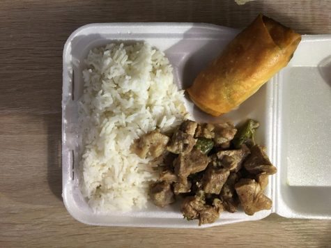 A plate of bicol express and rice, with an extra vegetable lumpia with dipping sauce, costs $9.24 at Manila Sunrise in Carson. (Raphael Richardson | Warrior Life)