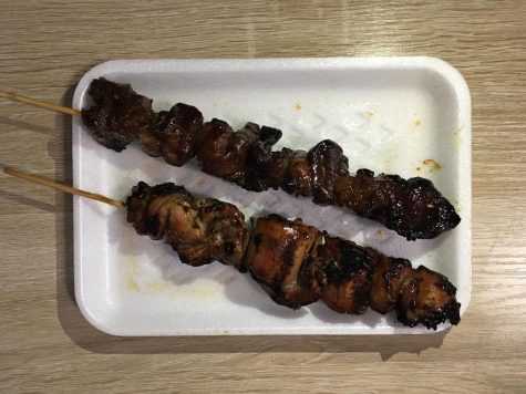 Two skewers of grilled pork and chicken costs a total of $7 at Manila's Lechon in Carson. (Raphael Richardson | Warrior Life)