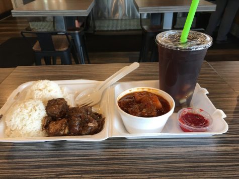 A plate of pork adobo, rice, a cup of beef mechado stew and a sago't gulaman drink costs around $14 at Tita Celia's in Carson. (Raphael Richardson | Warrior Life)