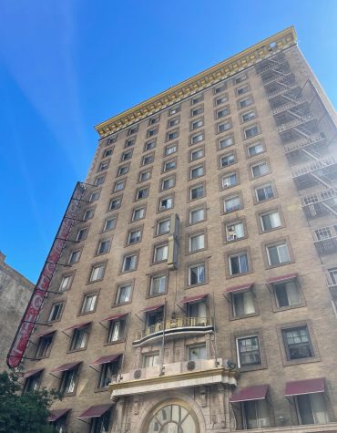 The Cecil Hotel, located at 640 S. Main St. in downtown Los Angeles, pictured on Nov. 13, 2022, where a strange glow emanates from the building. Is it the sun or a restless spirit? (Kim McGill | Warrior Life)