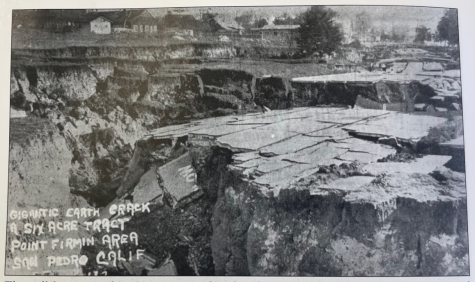 By the 1940s, the neighborhood closest to the cliffs next to Point Fermin Park and Lighthouse, had been destroyed by a "gigantic earth crack" that caused the street and two homes to crumble toward the sea. The other homes were relocated. Originally called the Point Fermin Slide, it has known now as the Sunken City. Photo courtesy City of Los Angeles Public Library, San Pedro branch, archives, Point Fermin Slide