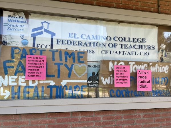 Papers critical of the ongoing negotiations were glued to a display window at the El Camino Federation of Teachers office in the Communications Building at El Camino College. (Photo courtesy of Social Justice Center)