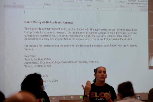 Vice President of Educational Policies Darcie McClelland, middle, talks about Administrative Policy 4240 at the Academic Senate meeting at the Distance Education Center on Tuesday, Sept. 19, 2023. (Lana Mily | The Union)