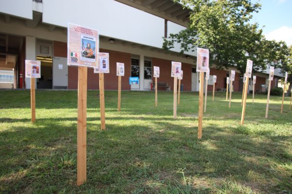 Dozens of posts showcasing Hispanic icons were set up by the Social Justice Center in front of their office in celebration of Hispanic Heritage Month at El Camino College, on Monday, Sept. 18, 2023. (Photo by Raphael Richardson | The Union)