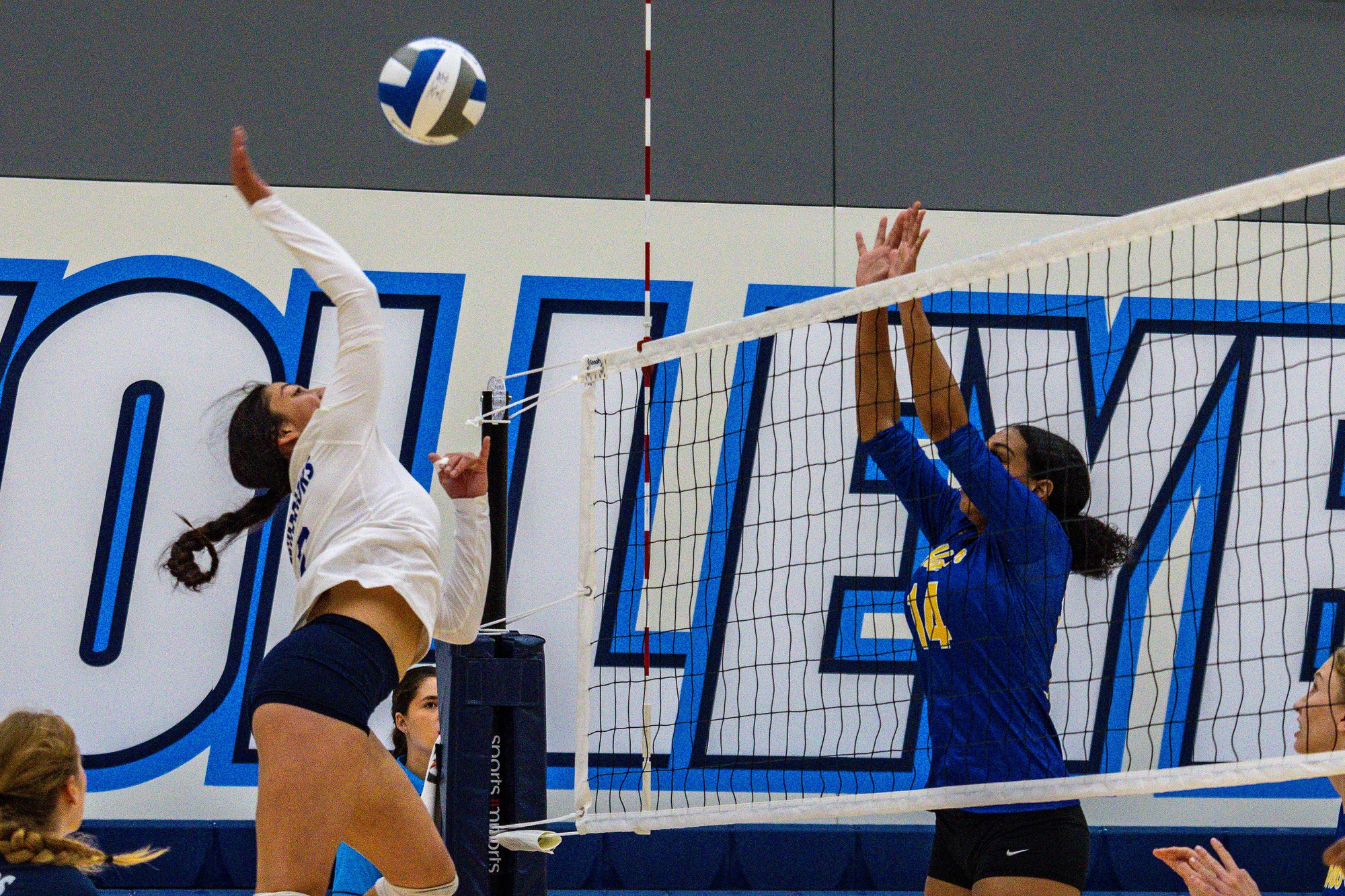 Outside hitter Sophia Ortiz attacks a ball on the pin and sides out to win the first set of the match versus Harbor College during the Sept. 15 game. In El Caminos three set victory Sophia scored the the final points in the first two sets. (Ethan Balderas | The Union)