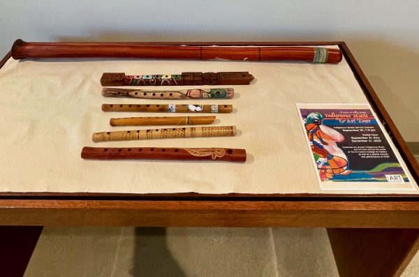 A selection of Indigenous instruments are seen on display in the Art Gallery on Tuesday, Sept. 26. (Emily Gomez | The Union)