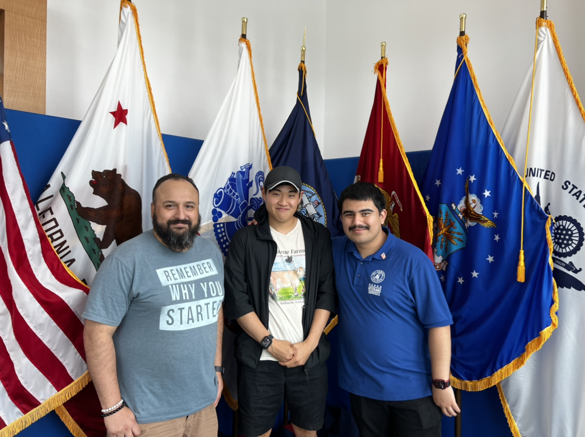 Jovanni Soto (left), Joshua Oh (middle), and Joel Lemus Jr (right), pose for a photo in the Veterans Resource Center located in the Student Services Building, Monday, Sept.11, 2023. (Kae Takazawa | The Union)