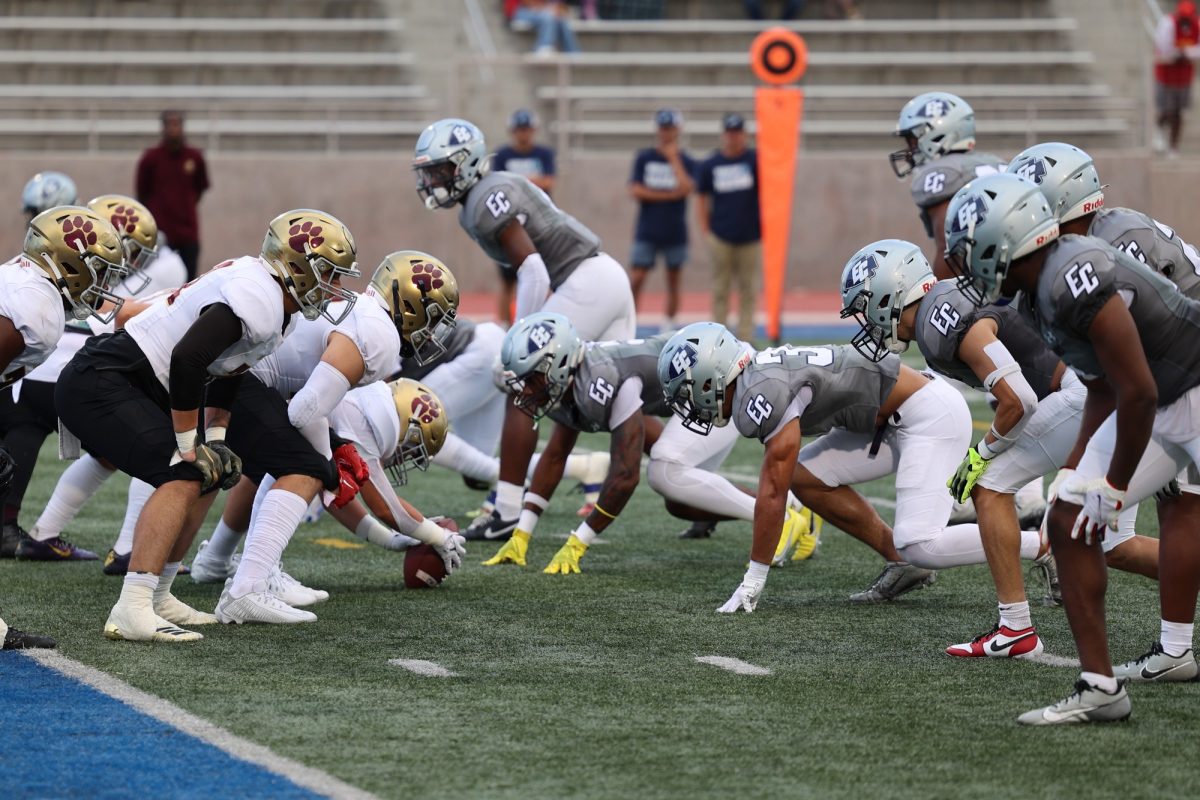 The El Camino Warriors and Southwestern Jaguars line up for a play during El Caminos first football game of the season at Featherstone Field on Saturday, Sept. 2, 2023. (Saqib Rawda | The Union) Photo credit: Saqib Rawda