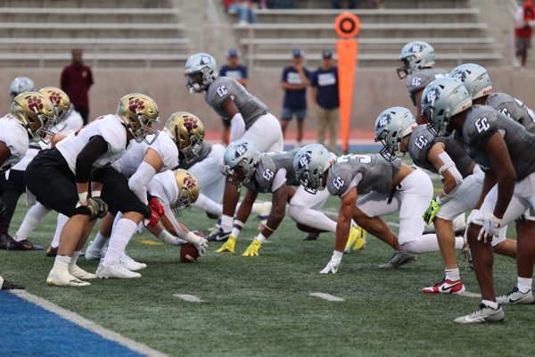 The El Camino Warriors and Southwestern Jaguars line up for a play during El Camino's first football game of the season at Featherstone Field on Saturday, Sept. 2, 2023. (Saqib Rawda | The Union)