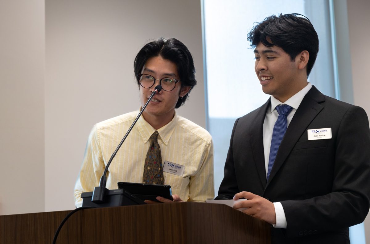 Associated Students Organization (ASO) Vice President Jeon Park (left) and President Jose Merino led a presentation about the organizations 2023-2024 budget during the Board of Trustees meeting on Sept. 6.  Speaking to The Union after the presentation, Merino said ASOs goal was to continue to be transparent with all issues concerning ASO. (Khoury Williams | The Union)