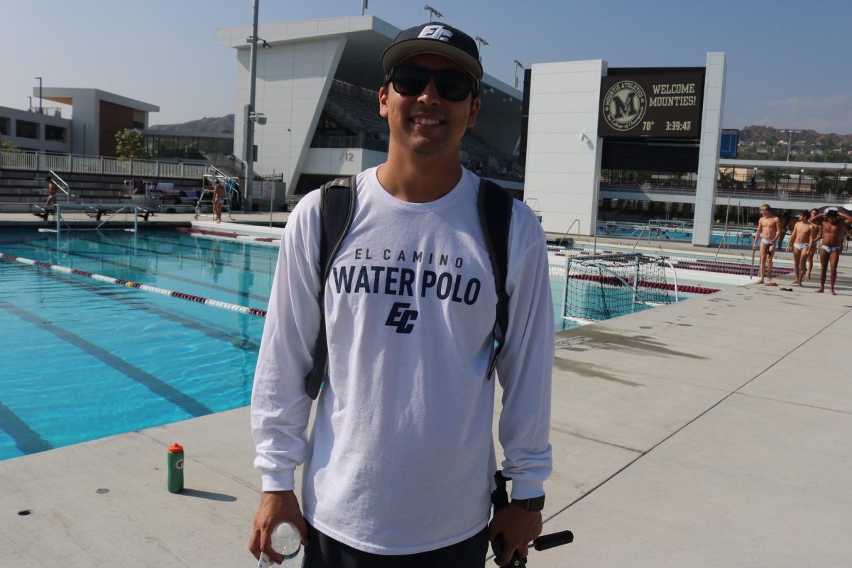 El Camino Mens Water Polo Coach Noah Rubke poses in front of a Mount San Antonio pool where the Warriors would play against two teams in a tournament on Friday, Sept. 15. (Joseph Ramirez | The Union) Photo credit: Joseph Ramirez