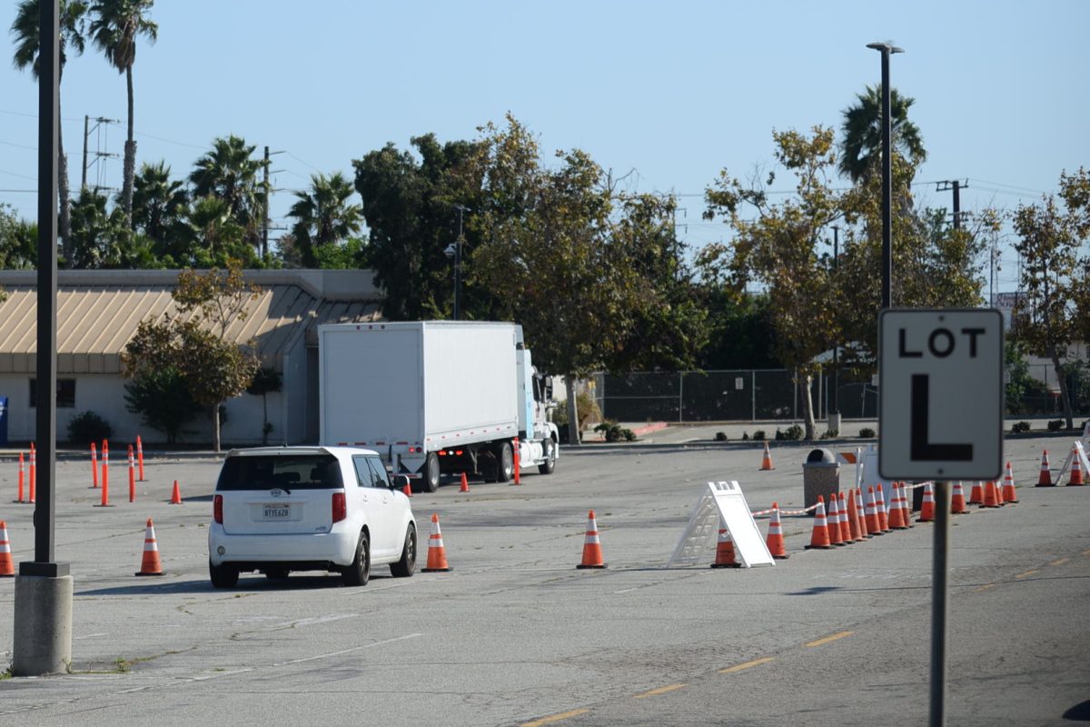 A semi truck used for training sits in a large closed-off section of Lot L at El Camino College on Monday, Oct. 2, 2023. (Lana Mily | The Union)