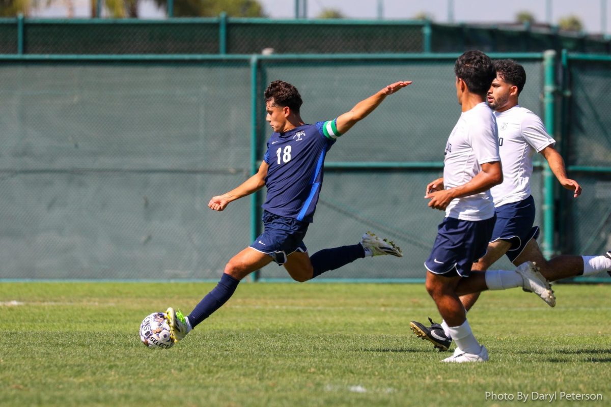 Cerritos defender Kevin Meza prepares to kick the ball during a mens soccer game against El Camino at Cerritos College on Friday, Oct. 6. (Courtesy of Daryl Peterson, Cerritos College)