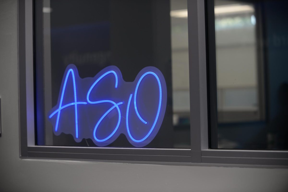 A customized light-up sign located inside the Associated Students Organization offices as it looked on Wednesday, Oct. 4. The ASO offices are found in the basement of the Communication Building. (Lana Milly | The Union)