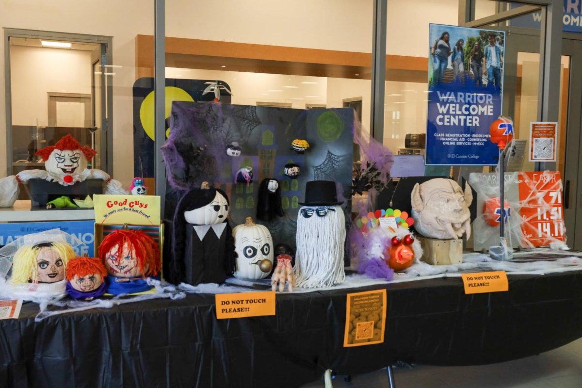 A variety of pumpkins, all decorated differently, were seen on display in the Student Services Center at El Camino College on Monday, Oct. 30. (Nathaniel Thompson | The Union)