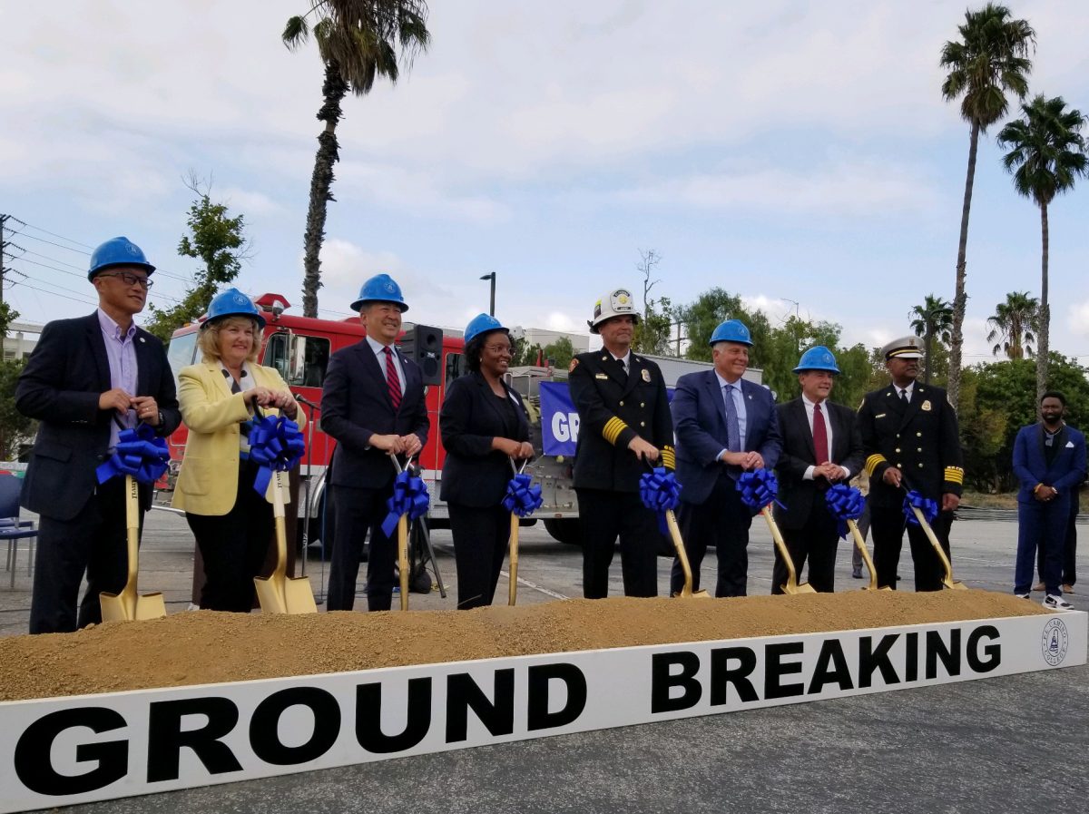 El Camino College, elected officials and several municipal fire departments break ground on the construction of a new South Bay Public Safety Training Center on Friday, Sept. 29, 2023 in parking lot L. Participating in the groundbreaking ceremony were, from left to right, City of Torrance Mayor George Chen, former El Camino President Dena Maloney, California State Assemblymember Al Muratsuchi, El Camino President Brenda Thames, El Camino Public Safety Director Chief Jeff Baumunk, Executive Director of the Los Angeles Area Regional Training Group of the Los Angeles Area Fire Chiefs Association Jim Birrell, El Camino College Vice President of Administrative Services Robert Suppelsa, San Bernardino County Assistant Fire Chief and former Torrance Fire Chief Martin Serna and El Camino College Trustee Brett Roberts. (Kim McGill | The Union)