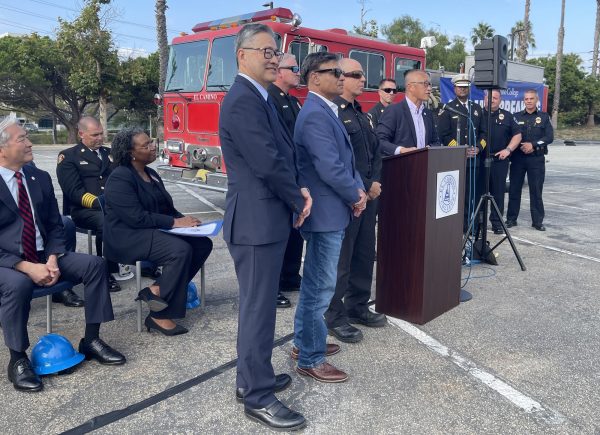 During a groundbreaking ceremony for the new South Bay Public Safety Training Center on Sept. 29, Torrance City Mayor George Chen – flanked by Torrance city councilmembers, six current Torrance firefighters and former Torrance Fire Chief Serna – commits that Torrance will continue to support the center. “As long as I’m sitting on the City Council, anything our fire department can do to help the training center with equipment or staffing, that’s my role,” Chen says. "We&squot;re all in." Kim McGill | The Union