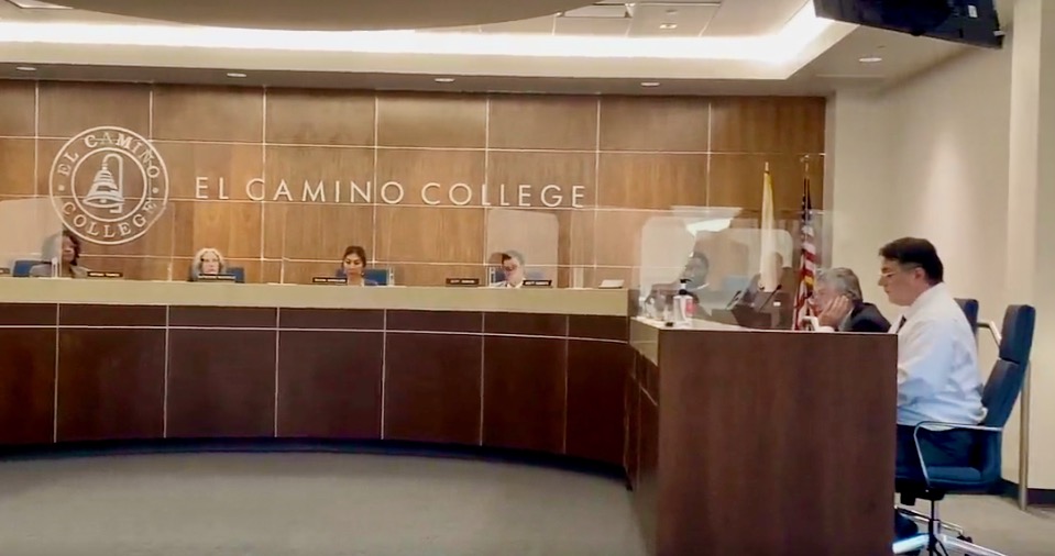 The Board of Trustees and El Camino College administration prepare for the Monday, Oct. 16 board meeting to begin. (Maddie Selack | The Union)