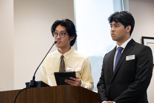 Associated Students Organization (ASO) Vice President Jeon Park (left) and President Jose Merino led a presentation about the organization's 2023-2024 budget during the Board of Trustees meeting on Sept. 6. The ASO leaders said part of their funding was relieved by the El Camino College District. (Khoury Williams | The Union)