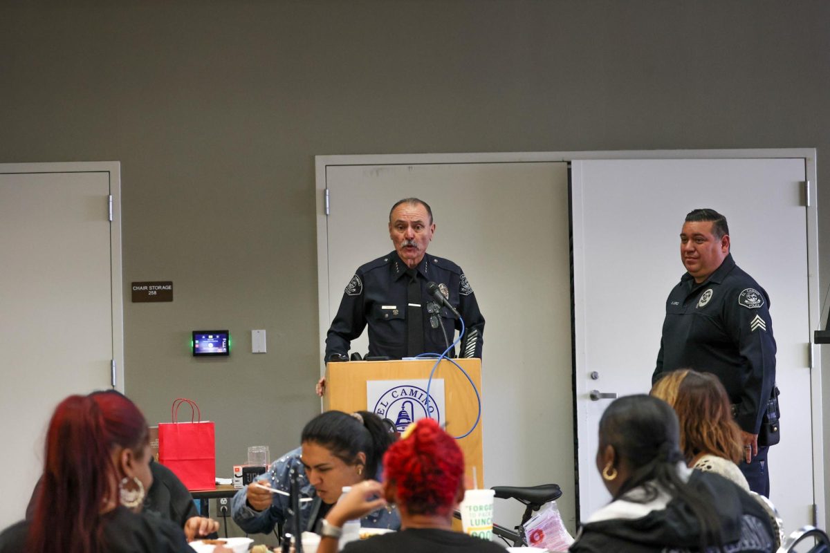 El Camino Police Chief Michael Trevis speaks to attendees at a police engagement event in the East Dining Room of the Bookstore at El Camino College on Wednesday, Oct. 12. (Bryan Sanchez | The Union)
