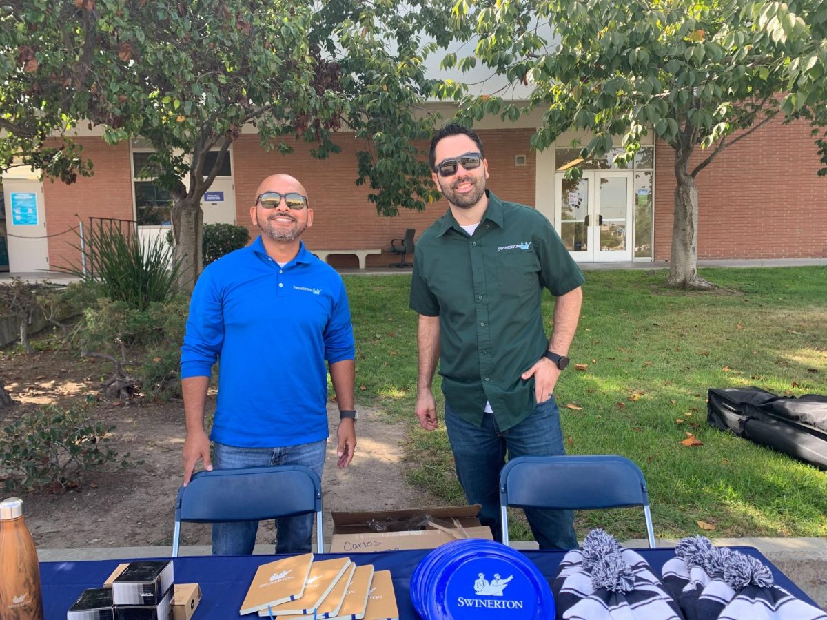 Swinerton representatives Carlos Villacorta (left) and Tony Gutierrez at their recruiting table in the Student Services Plaza on Sept. 27, 2023. Swinerton is a $5 billion construction firm founded in 1888. (Angel Pasillas | The Union)