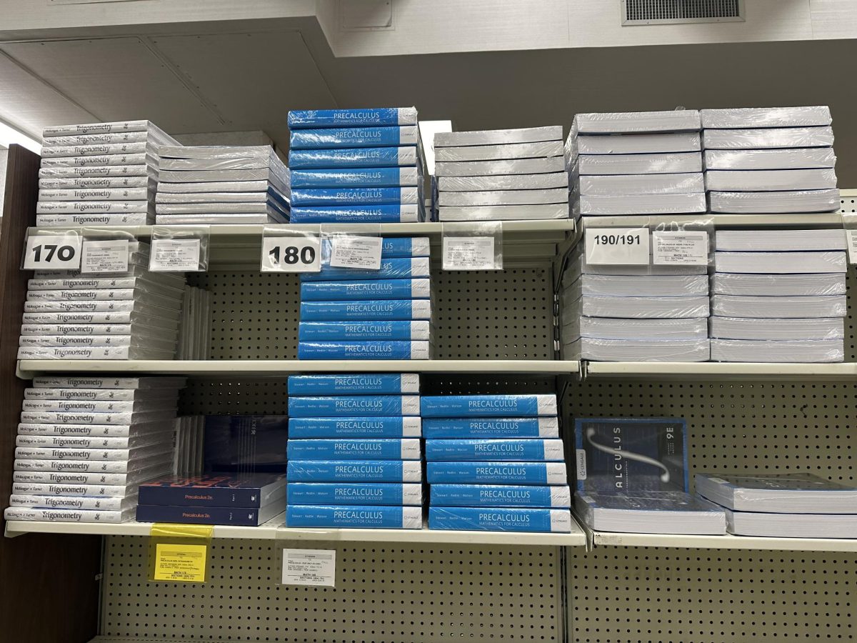 Picture of math textbooks in the El Camino Bookstore. Photo credit: Nick Geltz