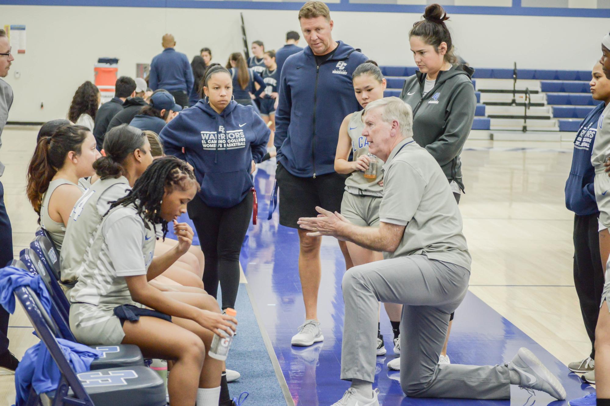 The Warriors coach attempts the galvanize the team as the competition locks down their offense in a game that had many challenges in their attempt to avoid defeat against the Irvine Valley Lasers.Nov.21. (Clarence Davis | The Union)
