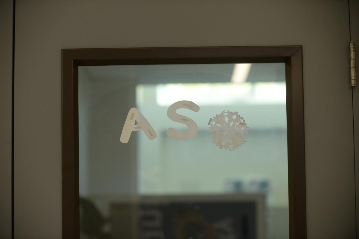 A decorative Associated Students Organization sign on a door located inside the ASO offices as it looked on Wednesday, Oct. 4. The ASO offices are found in the basement of the Communication Building. (Lana Milly | The Union)