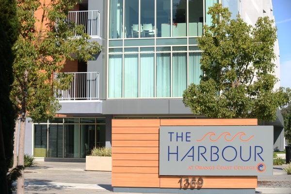 A sign showcases The Harbour, an on-campus student housing complex at Orange Coast College on November 5, 2023. (Lana Mily | The Union)