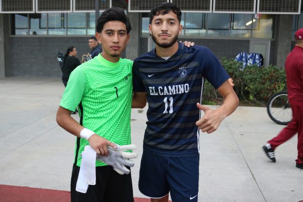 El Camino men's soccer goalie Donavon Palomares poses with right forward Jovanny Mejia