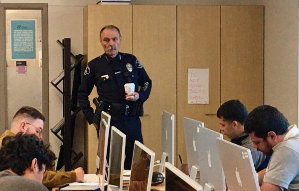 El Camino Chief of Police Michael Trevis speaks to The Union newsroom located inside the Humanities Building on Nov. 1. (Raphael Richardson | The Union)