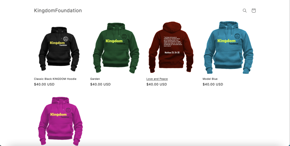 Screenshot of the Kingdom Foundation website. Profits received from the purchase of sweaters will go toward giving items to LA Childrens Hospital.