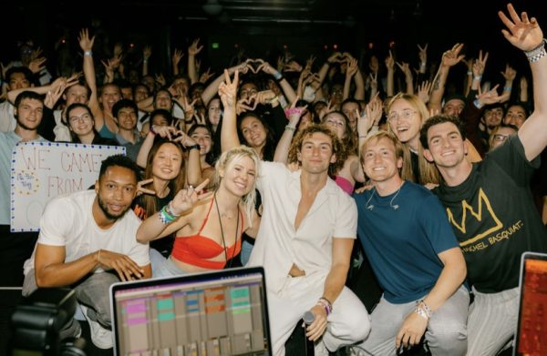 From left to right, Menelik Goodwill, Soowan An, Halley Stover, Sammy Rash, Will Perryman, Emily DeKoster, and Justin Rash posing with fans at the San Francisco, California show on Oct 3, 2023. (Photo courtesy of Emily DeKoster)