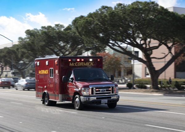 An ambulance truck speeds past El Camino College during a campus-wide power outage on Dec. 7. At 9:07 a.m. paramedics responded to a defective elevator in parking Lot H. (Khoury Williams | The Union)