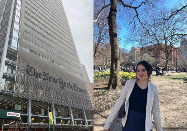 Left, the New York Times building as pictured on April 5, 2023. Osorio received a tour of the building on this day, led by reporter Christina Caron. She visited several floors of the building, including the Times basement called The Morgue, where thousands of archives are located. On the right, Osorio is pictured at Washington Square Park on March 28, one of the many weekends she had to explore the city. (Angela Osorio | The Union)